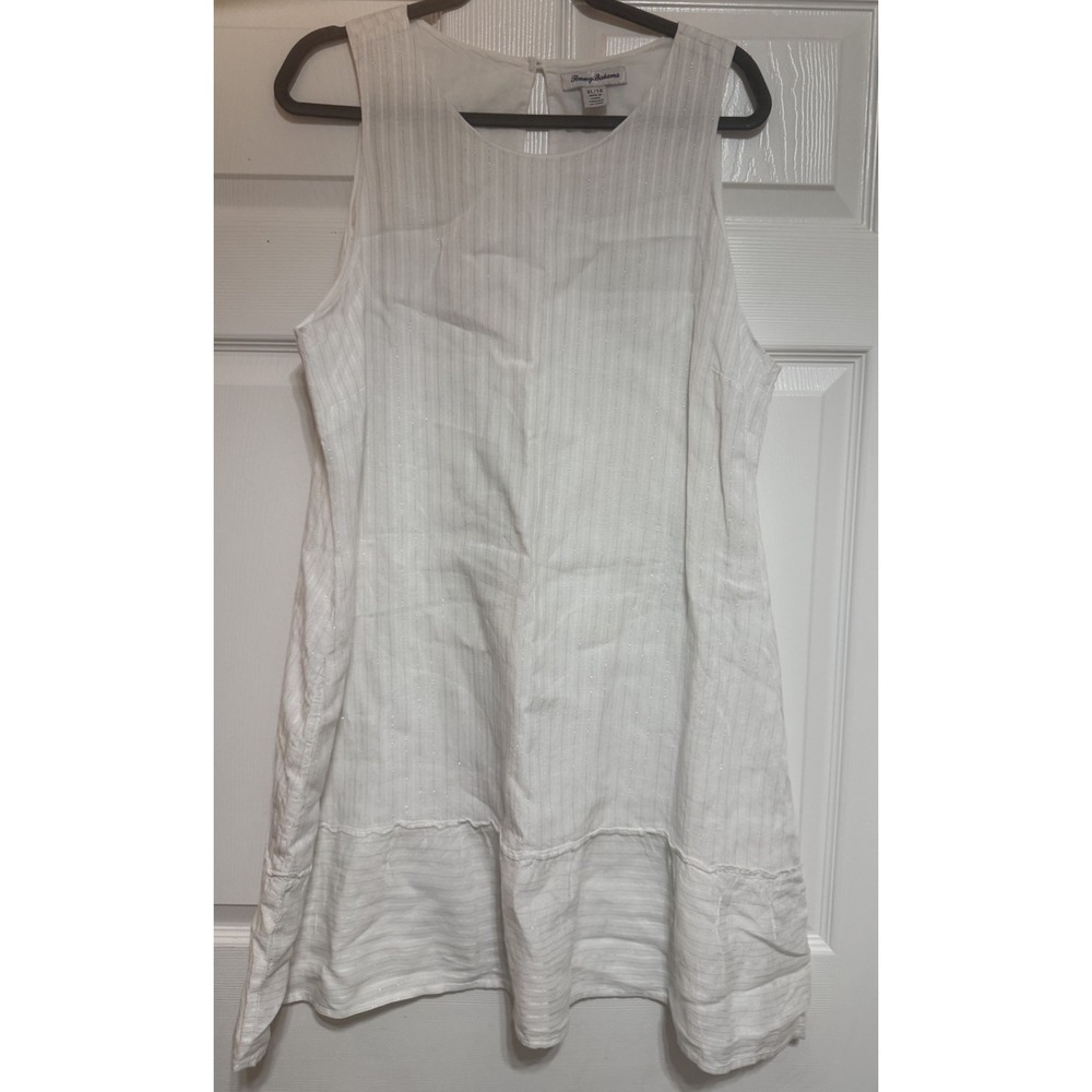 Tommy Bahama White Linen Dress Womens XL Metallic Silver Stripe Flounce Ruffle